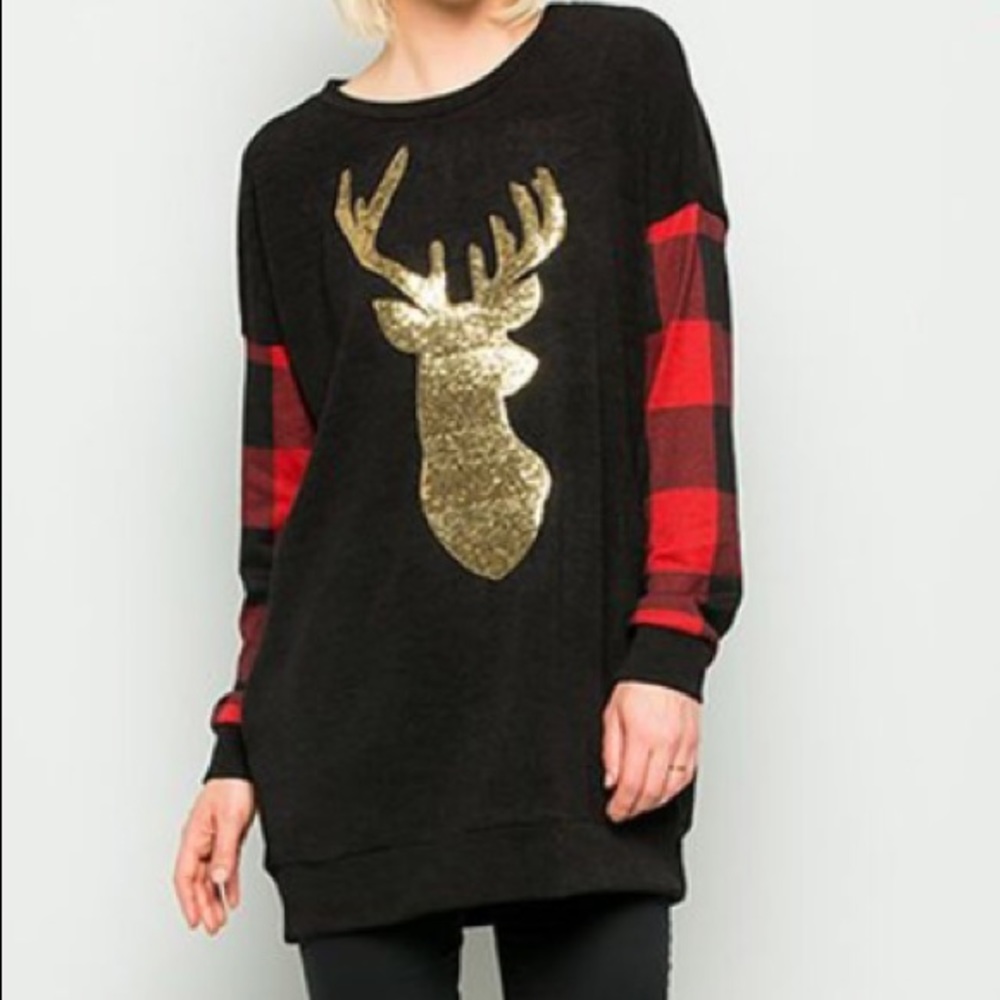 Sequin deer sweater with buffalo plaid sleeves